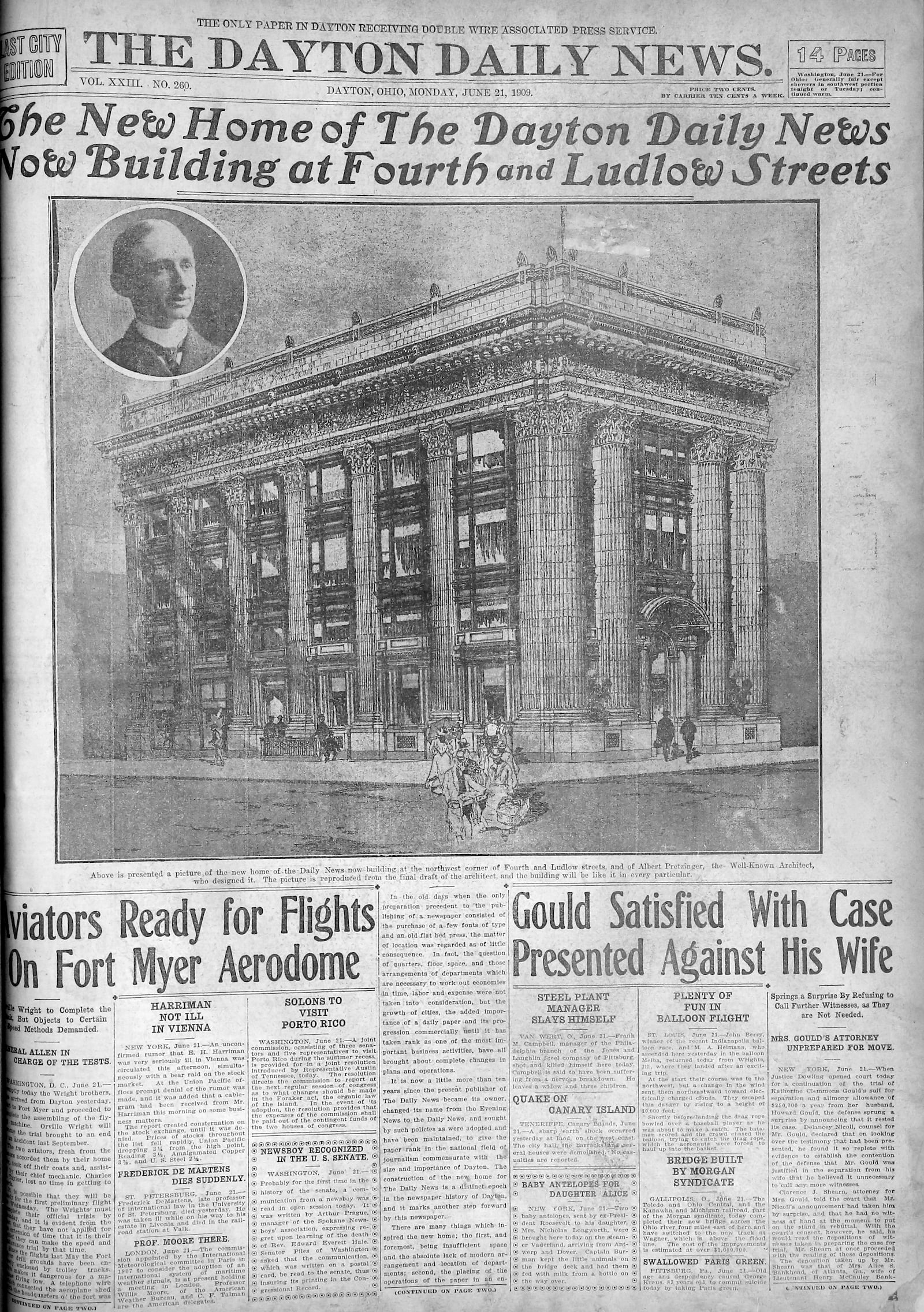 June 21, 1909:  The front page of the Dayton Daily News celebrates the new DDN building at Fourth and Ludlow downtown.