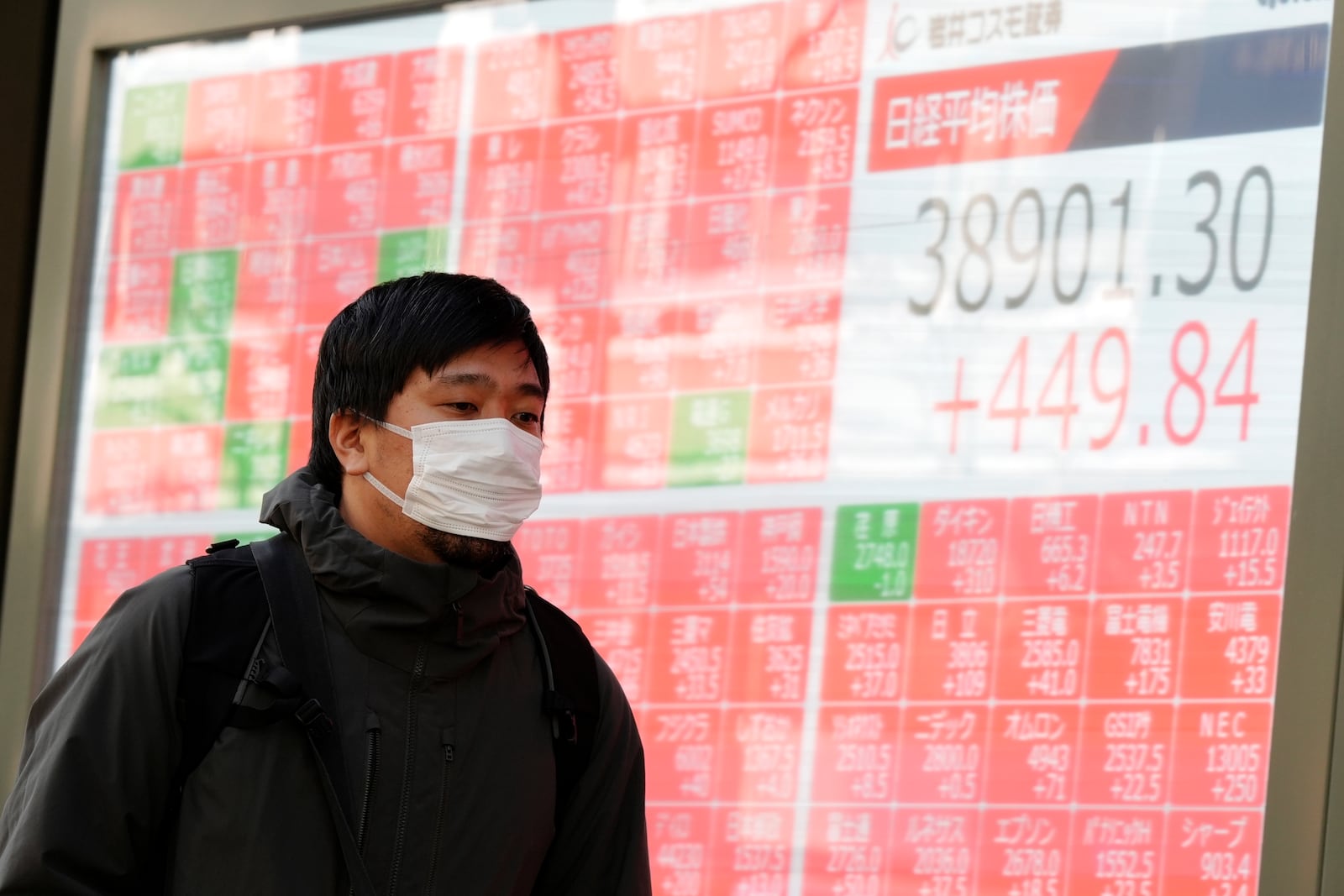 A person walks in front of an electronic stock board showing Japan's Nikkei index at a securities firm Monday, Jan. 20, 2025, in Tokyo. (AP Photo/Eugene Hoshiko)