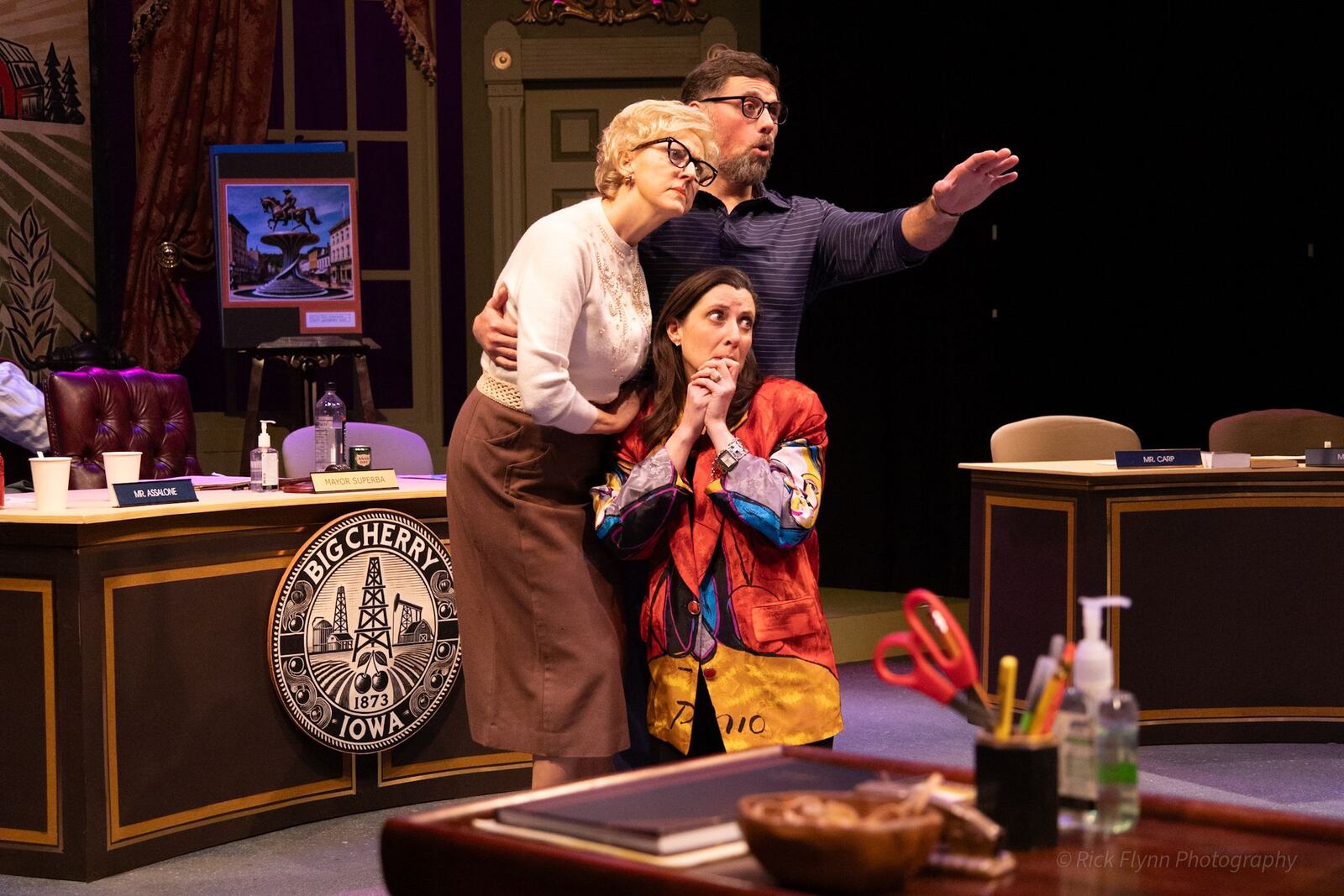 From left: Libby Scancarello (Ms. Innes), Zach Katris (Mr. Breeding) and (below) Mandy Shannon (Ms. Matz) in Dayton Theatre Guild's production of "The Minutes." Rick Flynn Photography