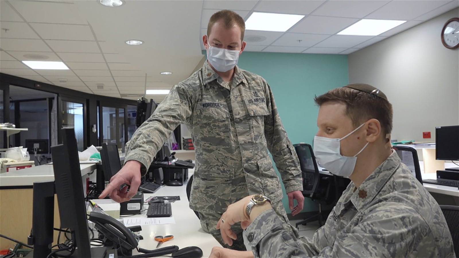 Air Force doctors Maj. Evan Fisher, chief of Nephrology, and Maj. Matthew Koroscil, a pulmonary and critical care specialist at the Wright-Patterson Medical Center, are leading the way in coordination with the Dayton, Ohio, medical community on a new drug protocol for COVID-19 patients, April 13. (U.S. Air Force photo/Matthew Clouse)