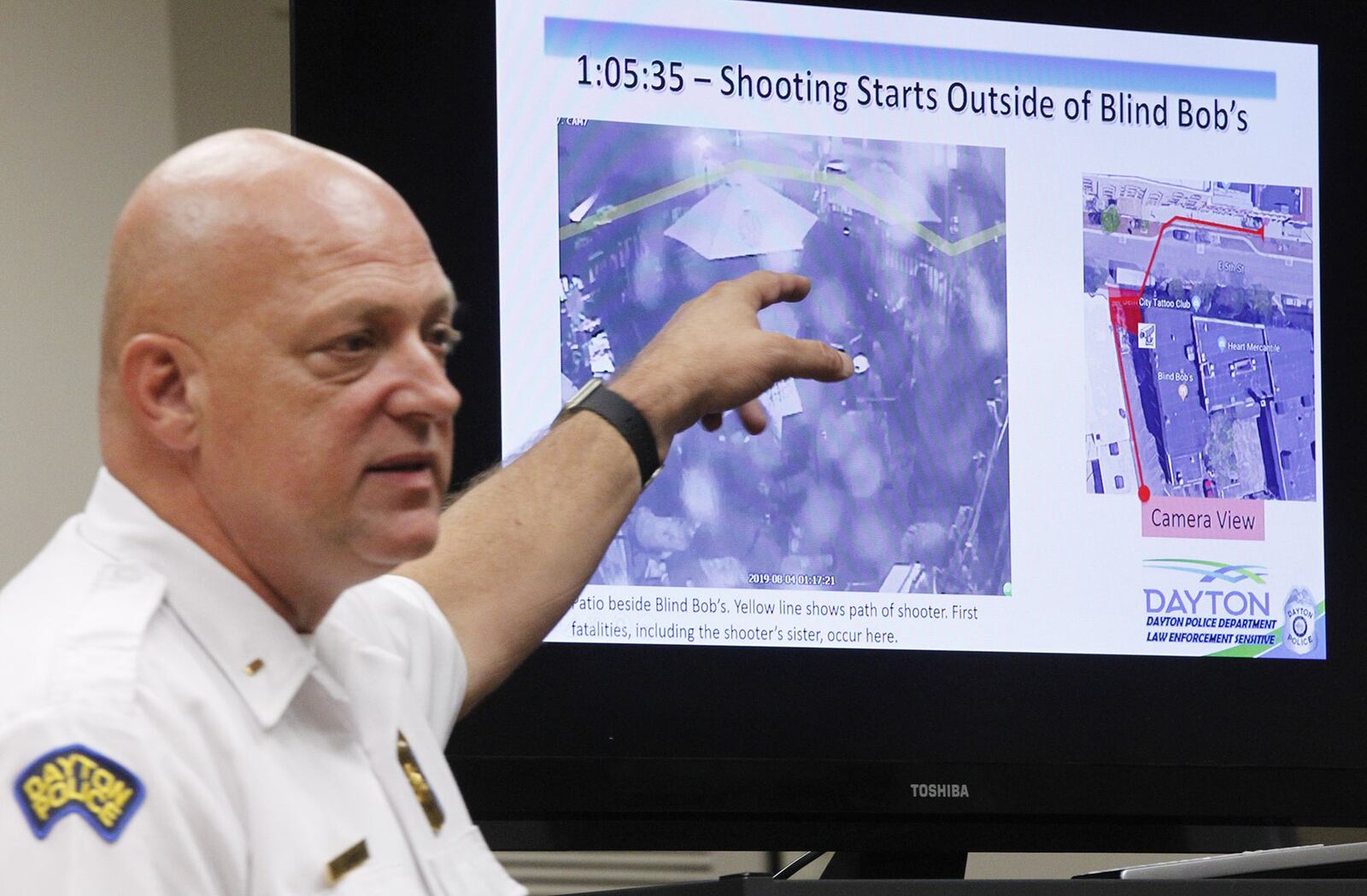 Dayton Police Lt. Paul Saunders narrated the timeline that the department recreated with business and resident security camera footage on the night of the mass shooting in the Oregon District. TY GREENLEES / STAFF