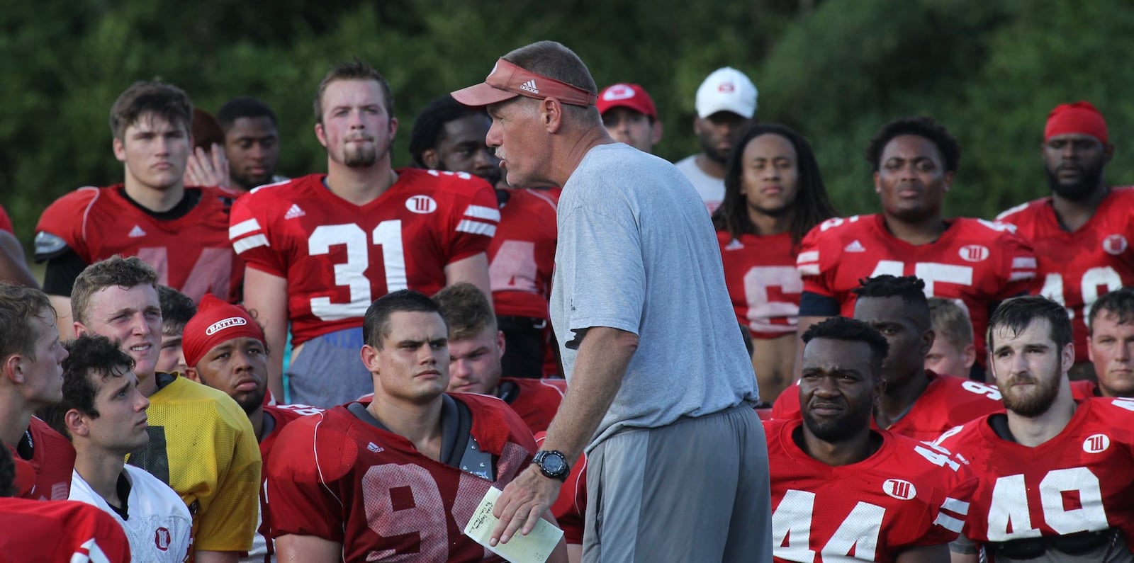 Wittenberg coach Joe Fincham talks to his players after practice on Wednesday, Aug. 21, 2019, in Springfield. David Jablonski/Staff