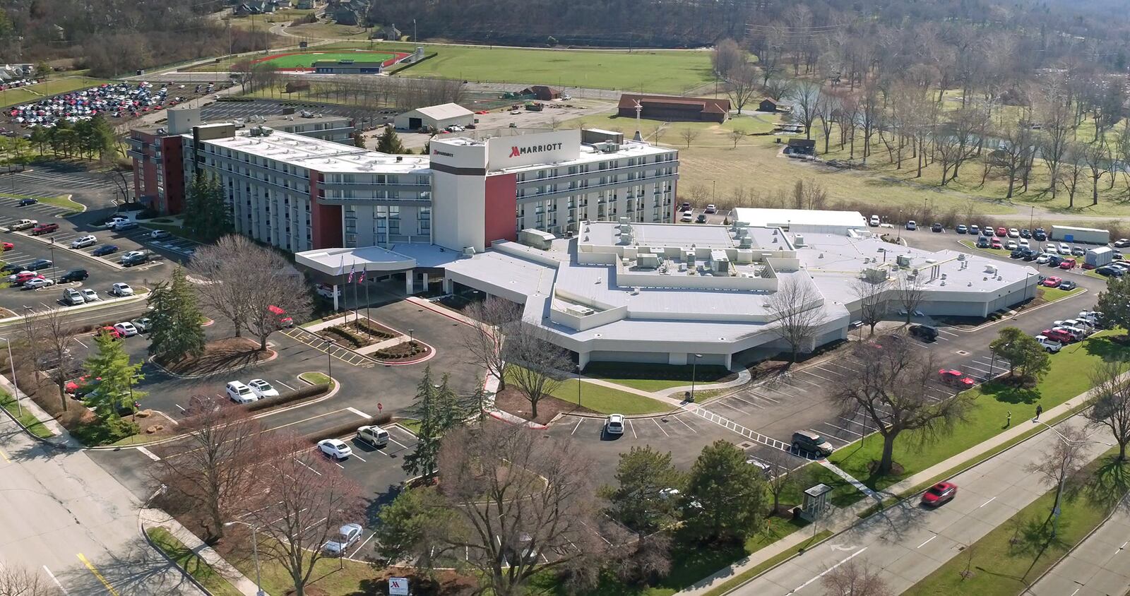 The Dayton Marriott, owned by University of Dayton, is located on River Park Drive along Patterson Boulevard and the Great Miami River.   TY GREENLEES / STAFF