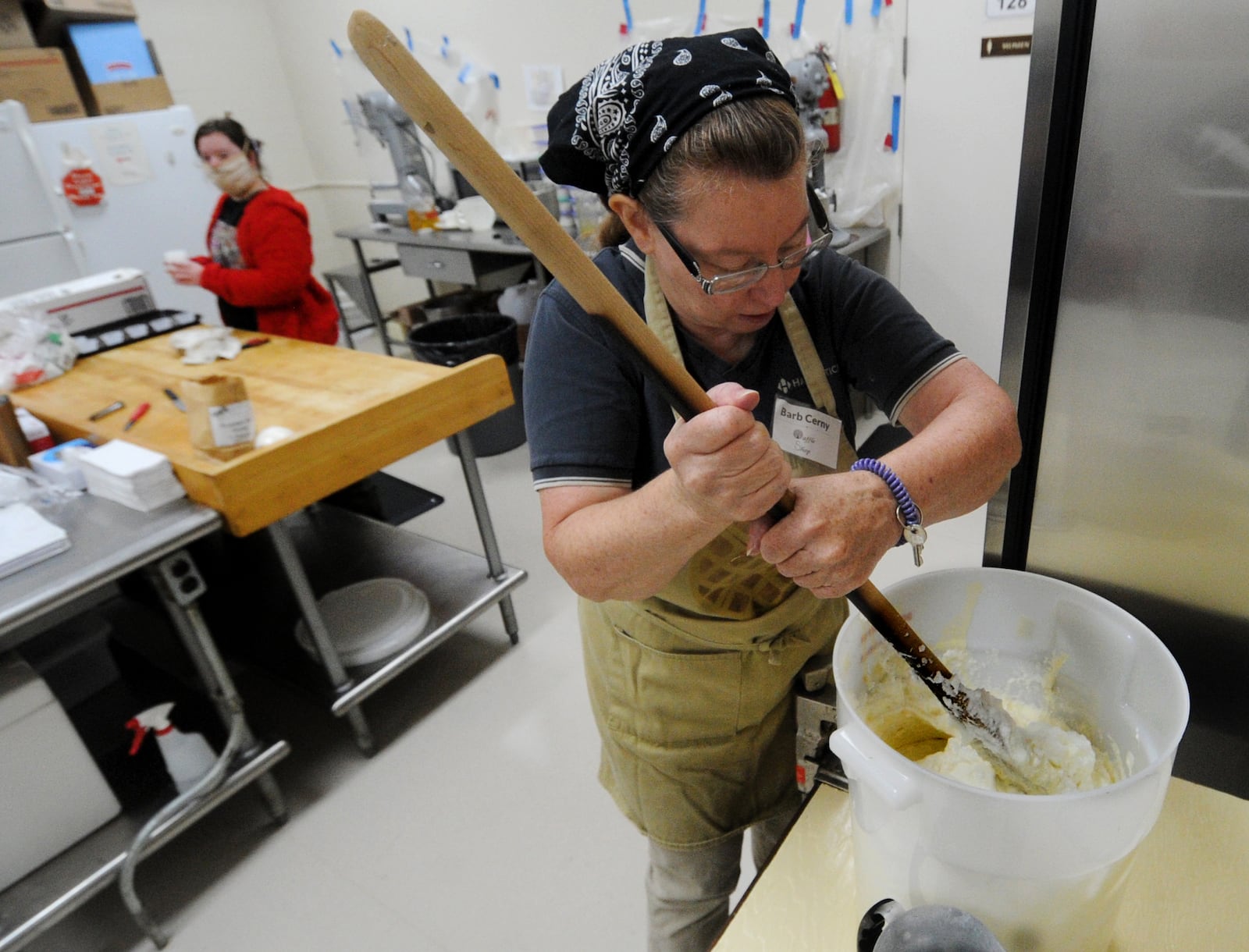 Barb Cerny, the queen of waffles, mixes the batter for the Waffle Shop waffles, Tuesday, Nov. 15, 2022, at the Christ Episcopal Church. MARSHALL GORBY\STAFF