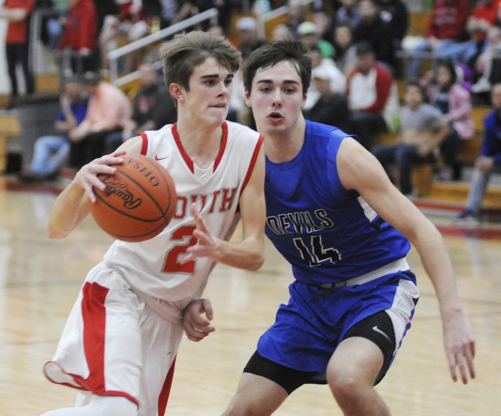 Jayden Bassler of TV South (with ball) is checked by Dan Dominique of Brookville. Brookville defeated host Twin Valley South 60-58 in a boys high school basketball game on Monday, Feb. 11, 2019. MARC PENDLETON / STAFF