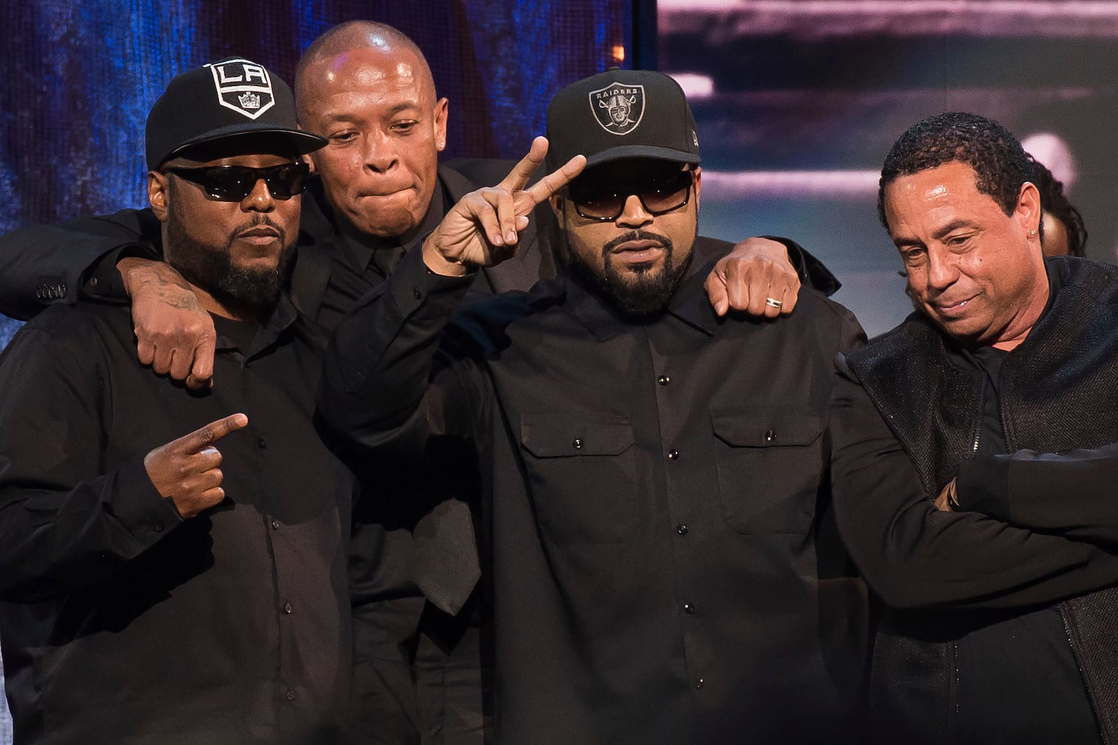 FILE - MC Ren, from left, Dr. Dre, Ice Cube and DJ Yella from N.W.A appear at the 31st Annual Rock and Roll Hall of Fame Induction Ceremony in New York on April 8, 2016. (Photo by Charles Sykes/Invision/AP, File)