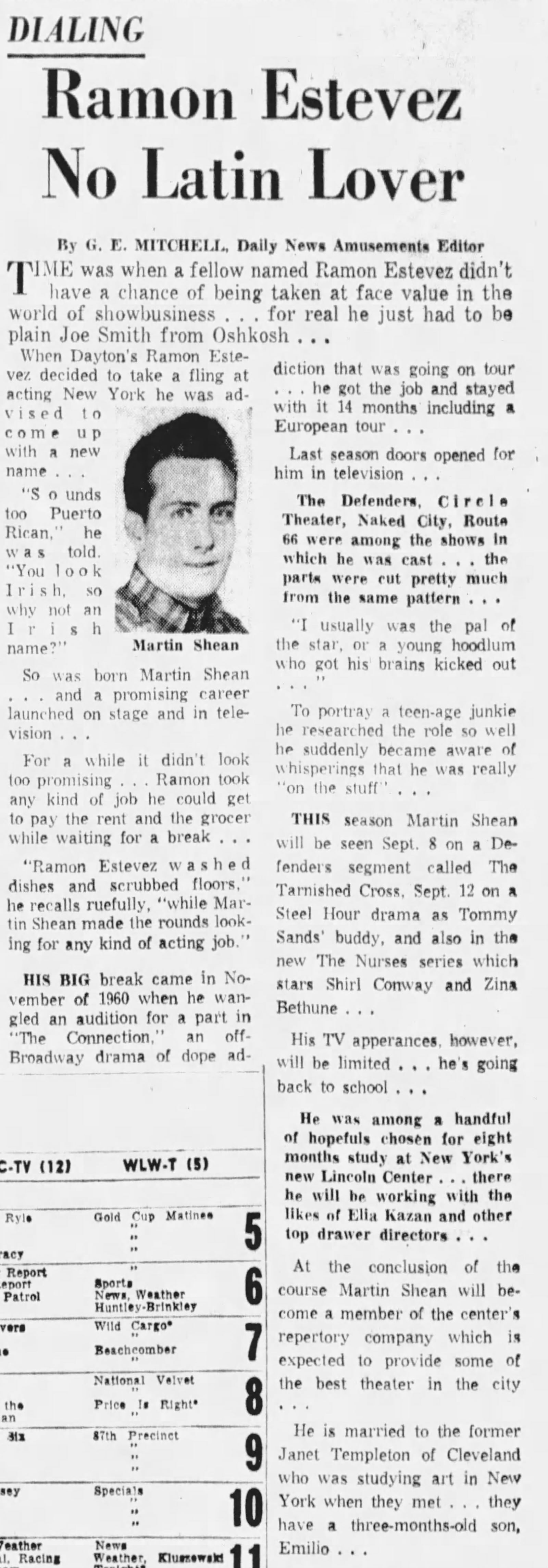 A Dayton Daily News story featuring Martin Sheen on Aug. 20, 1962.