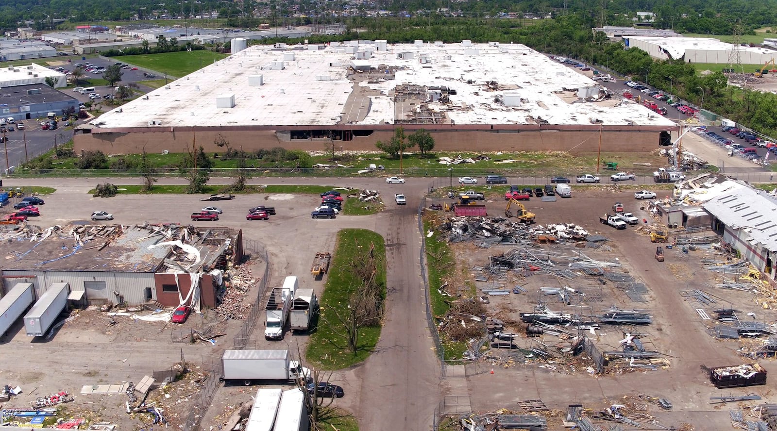 Many business in Old North Dayton's industrial park were severely damaged after a tornado ripped through the area on Memorial Day. This view looking north shows the damage at Dayton Phoenix, top, KAP Signs, lower left, and Allied Fence, right.