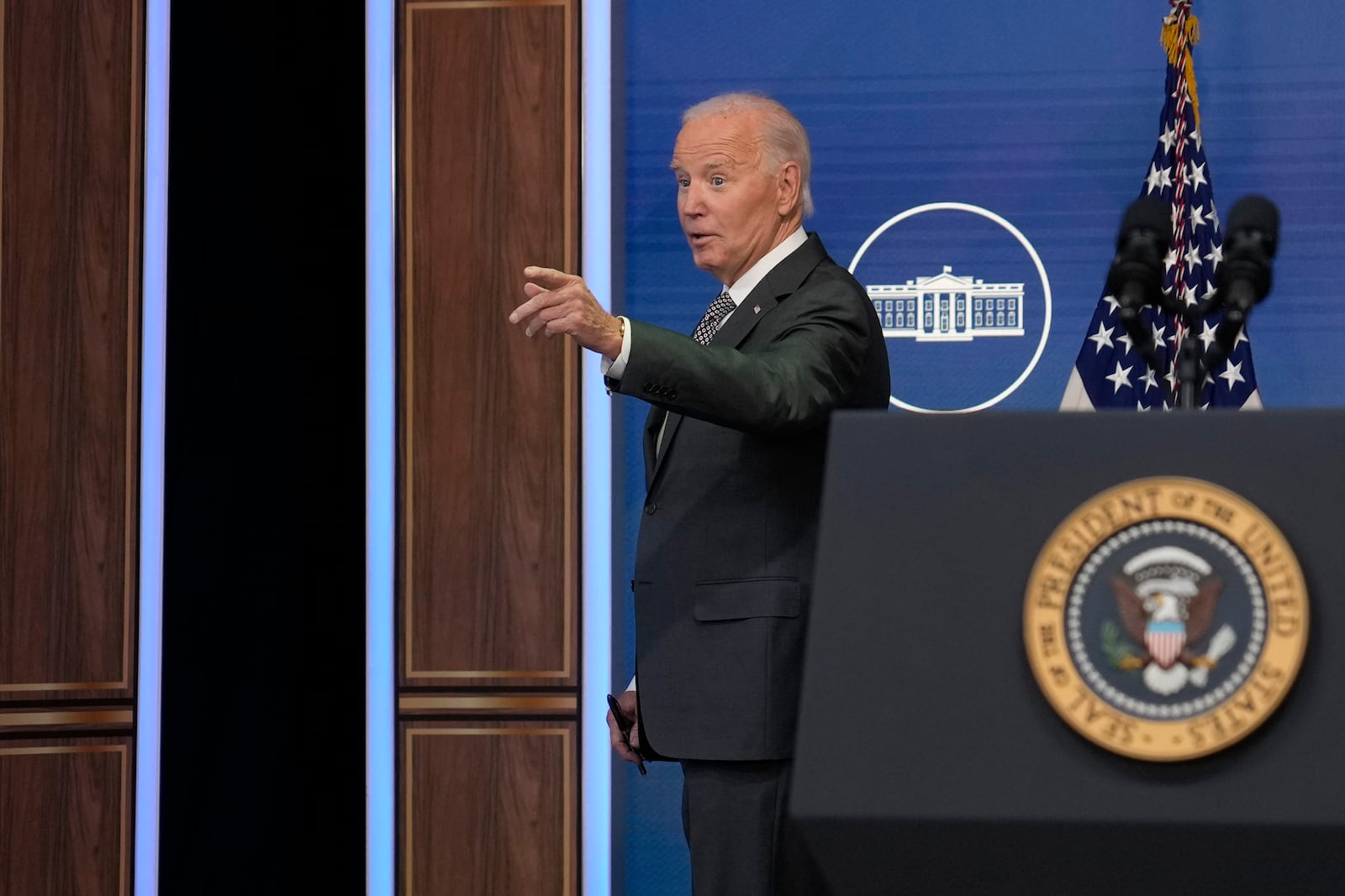 President Joe Biden turns to respond to a question about former President Donald Trump following an update on the impact and the ongoing response to Hurricane Milton, in the South Court Auditorium on the White House complex in Washington, Thursday, Oct. 10, 2024. (AP Photo/Susan Walsh)