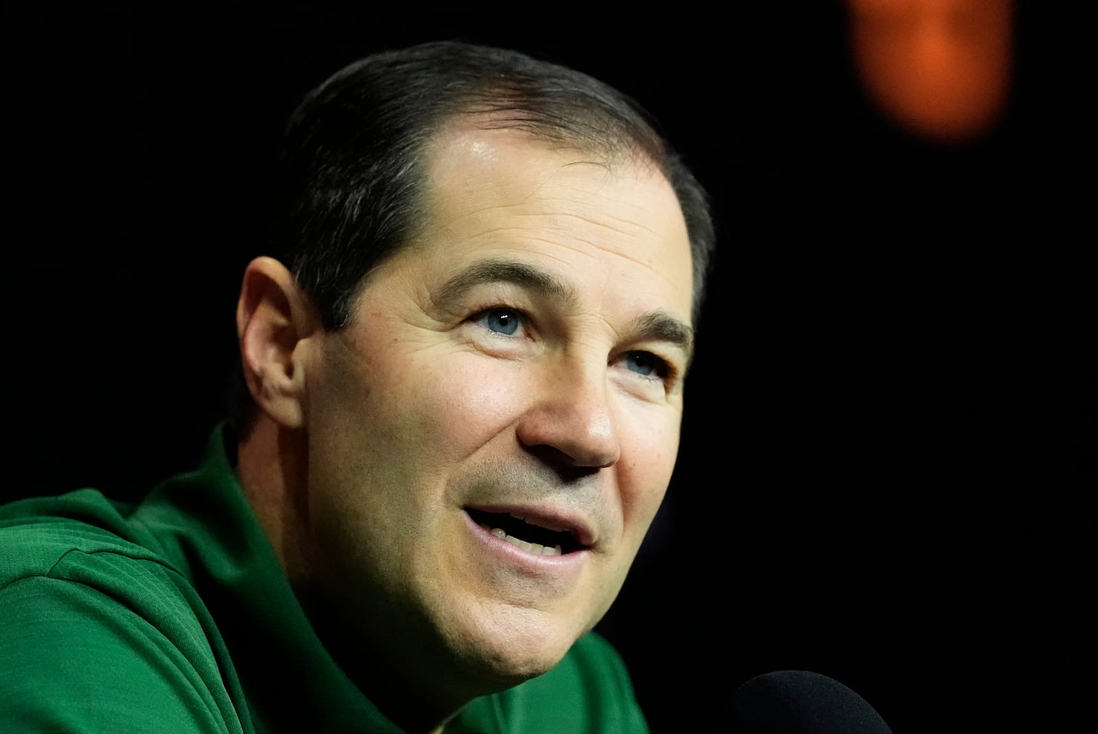 Baylor head coach Scott Drew addresses the media during the NCAA college Big 12 men's basketball media day, Wednesday, Oct. 23, 2024, in Kansas City, Mo. (AP Photo/Charlie Riedel)