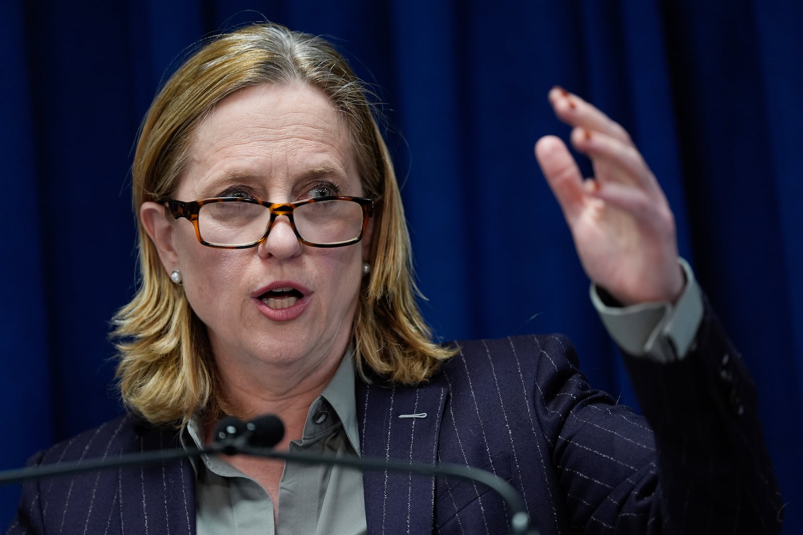 Queens District Attorney Melinda Katz speaks at a press conference on an international stolen merchandise ring, Tuesday, Nov. 26, 2024, in the Queens borough of New York. (AP Photo/Julia Demaree Nikhinson)