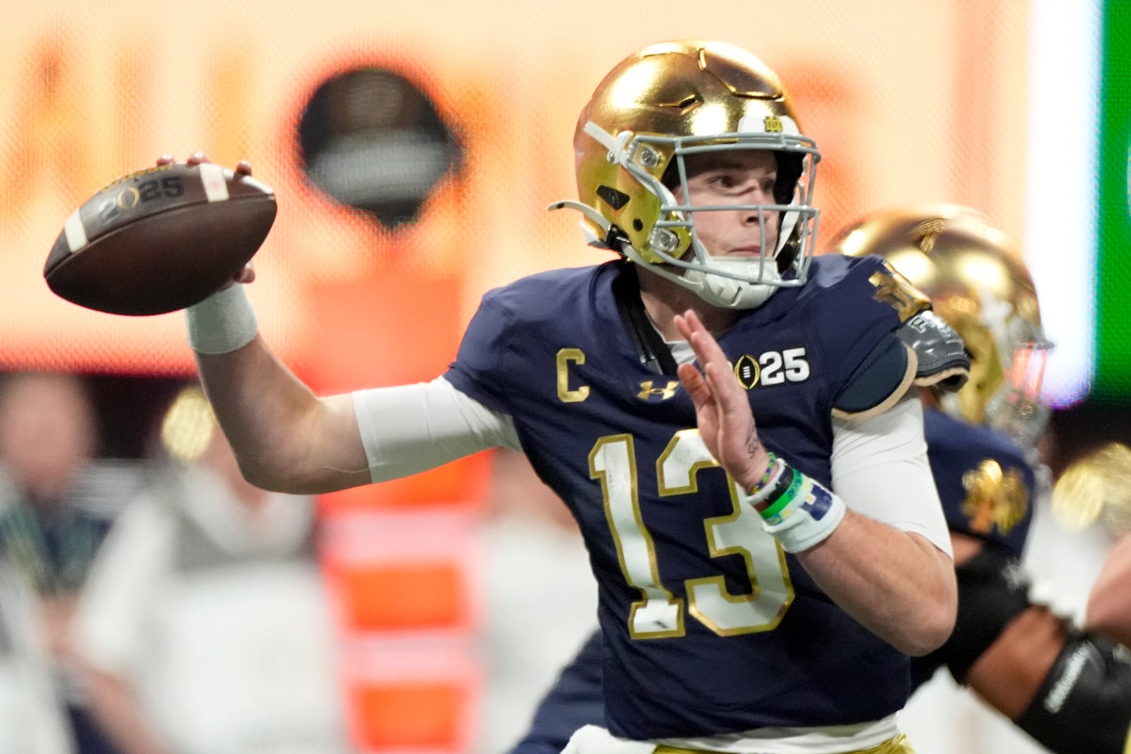 Notre Dame quarterback Riley Leonard passes against Ohio State during first half of the College Football Playoff national championship game Monday, Jan. 20, 2025, in Atlanta. (AP Photo/Brynn Anderson)