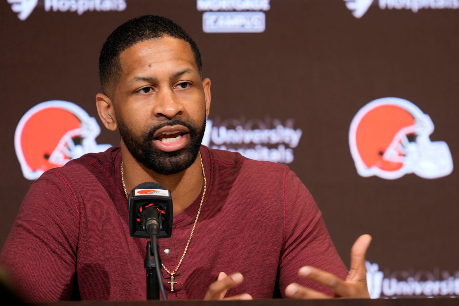 Cleveland Browns General Manager Andrew Berry speaks during an NFL football news conference in Berea, Ohio, Monday, Jan. 6, 2025. (AP Photo/Sue Ogrocki)