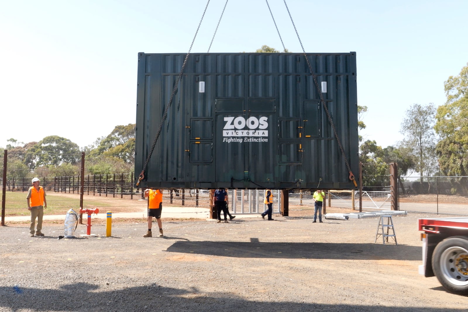 In this photo provided by Zoos Victoria on Thursday, Feb. 13, 2025, a shipping container loaded with an elephant is unloaded as part of a program in Australia to move a herd of Asian elephants from Melbourne Zoo to Werribee Open Range Zoo. (Zoos Victoria via AP)