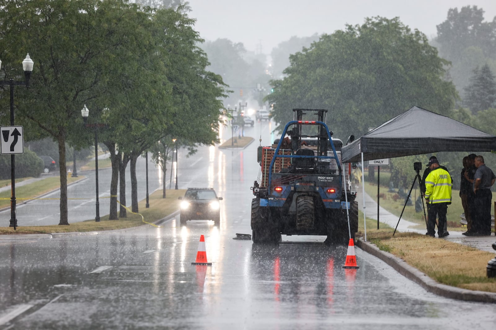 Centerville police investigate after a pedestrian was struck and killed by a construction vehicle Tuesday, June 13, 2023, in the 800 block of South Main Street (Ohio 48). JIM NOELKER/STAFF