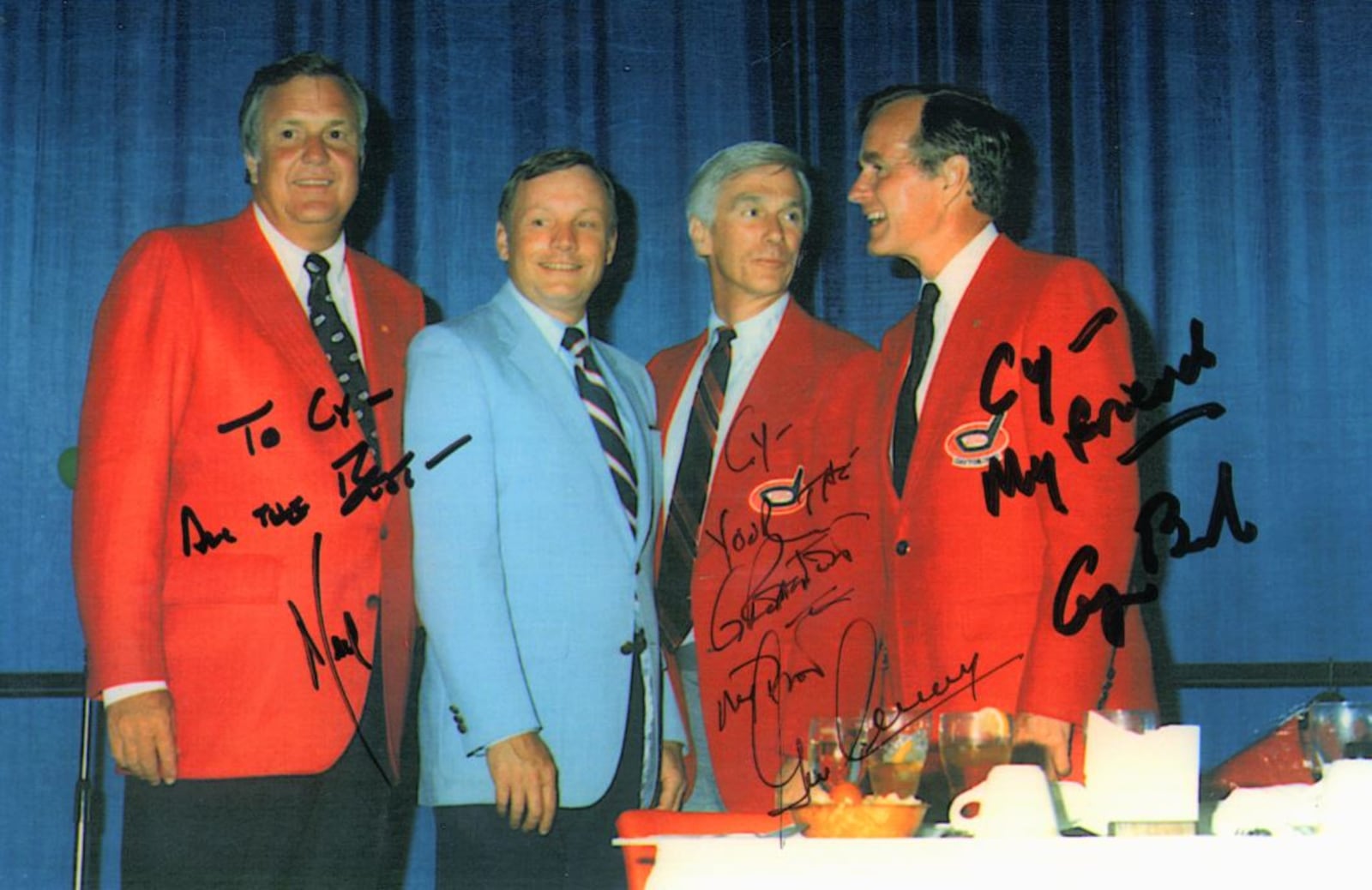 Cy Laughter, Neil Armstrong, Gene Cernan, George Bush at the Bogie Busters Golf Tournament in Dayton, 1987.