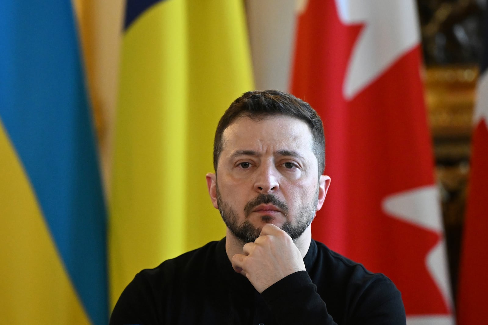 Ukraine's President Volodymyr Zelenskyy at the European leaders' summit to discuss Ukraine, hosted by Britain's Prime Minister Keir Starmer, at Lancaster House, London, Sunday March 2, 2025. (Justin Tallis/Pool via AP)