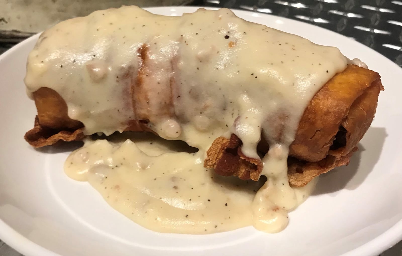 Deep fried bacon wrapped breakfast burrito from Rip Rap Roadhouse