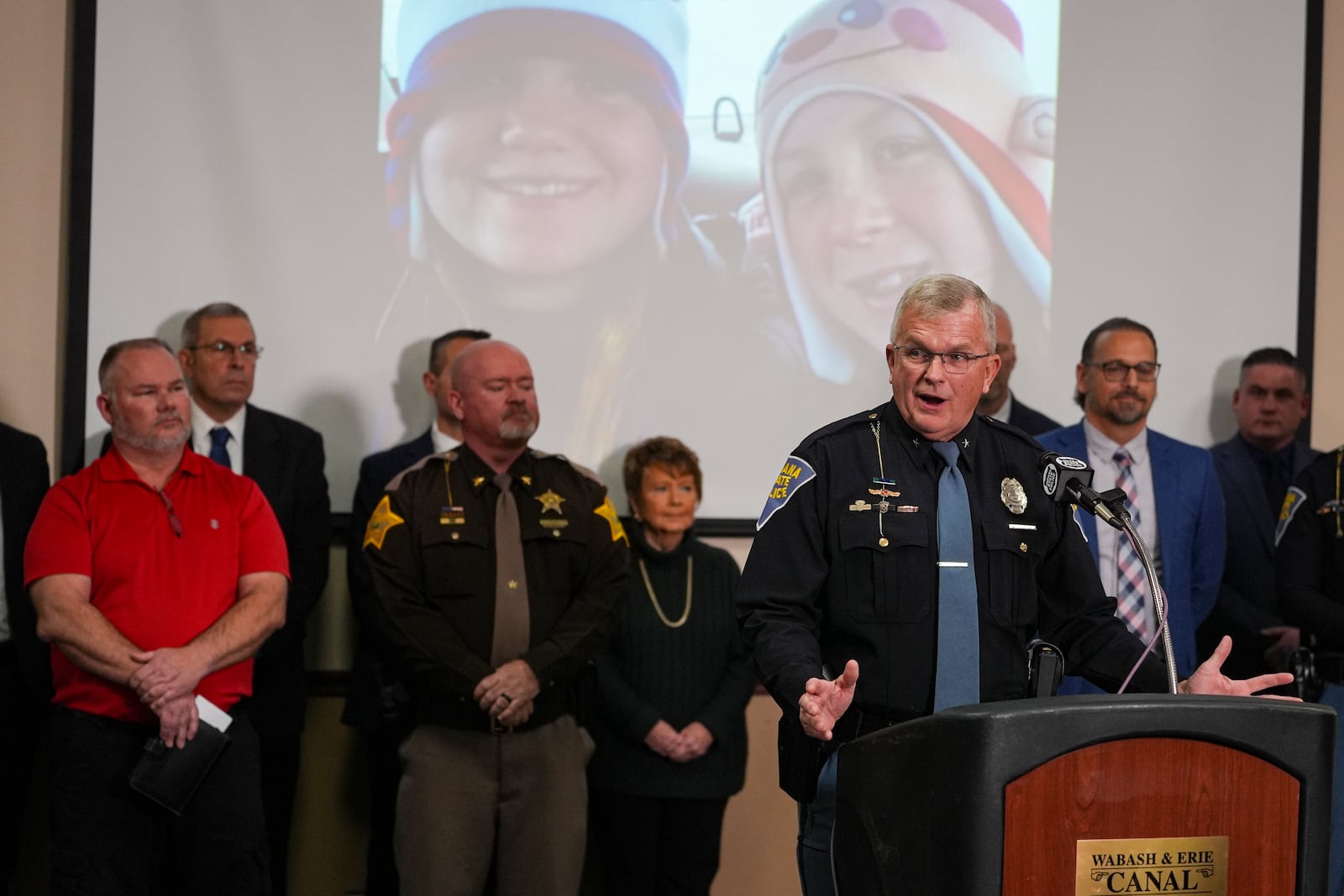 Indiana State Police Superintendent Doug Carter speaks after the sentencing of Richard Allen in Delphi, Ind., Friday, Dec. 20, 2024. (AP Photo/Michael Conroy)