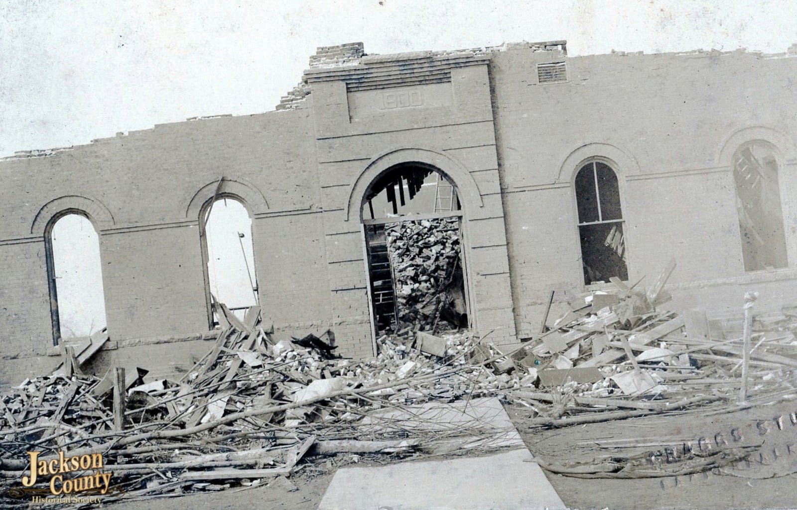 This photo provided by the Jackson County (Ill.) Historical Society shows a school in DeSoto, Ill., where dozens of children were killed, after a tornado tore through Indiana, Illinois, and Missouri in March 1925. (Jackson County (Ill.) Historical Society via AP)