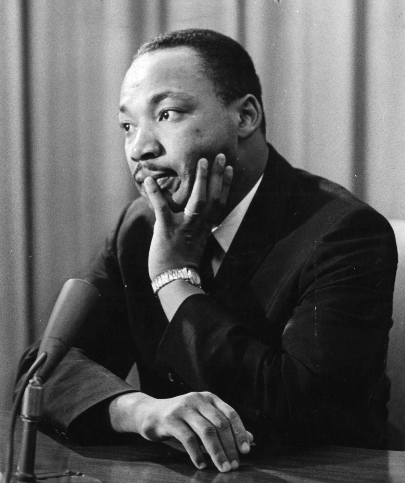 The Rev. Dr. Martin Luther King, Jr. answers questions at The American Lutheran Church Luther League convention in Miami Beach on Aug. 16, 1961. (The Miami News/Jay Spencer)