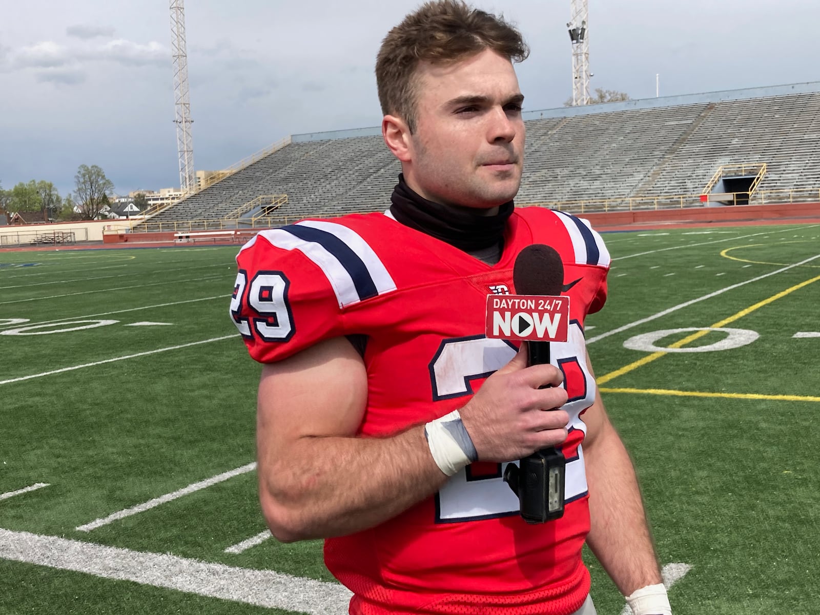 Dayton's Jake Chisholm talks to reporters after the spring scrimmage against Ashland on April 17, 2021, at Welcome Stadium. David Jablonski/Staff