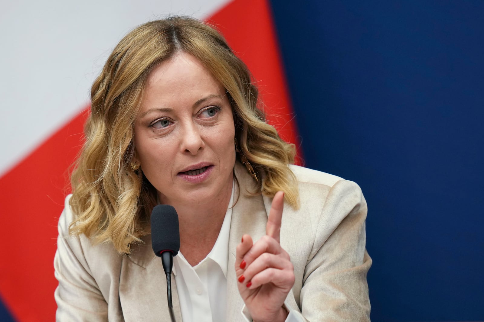 FILE - Italian Premier Giorgia Meloni holds a year-end press conference in Rome, Jan. 9, 2025. (AP Photo/Alessandra Tarantino, File)