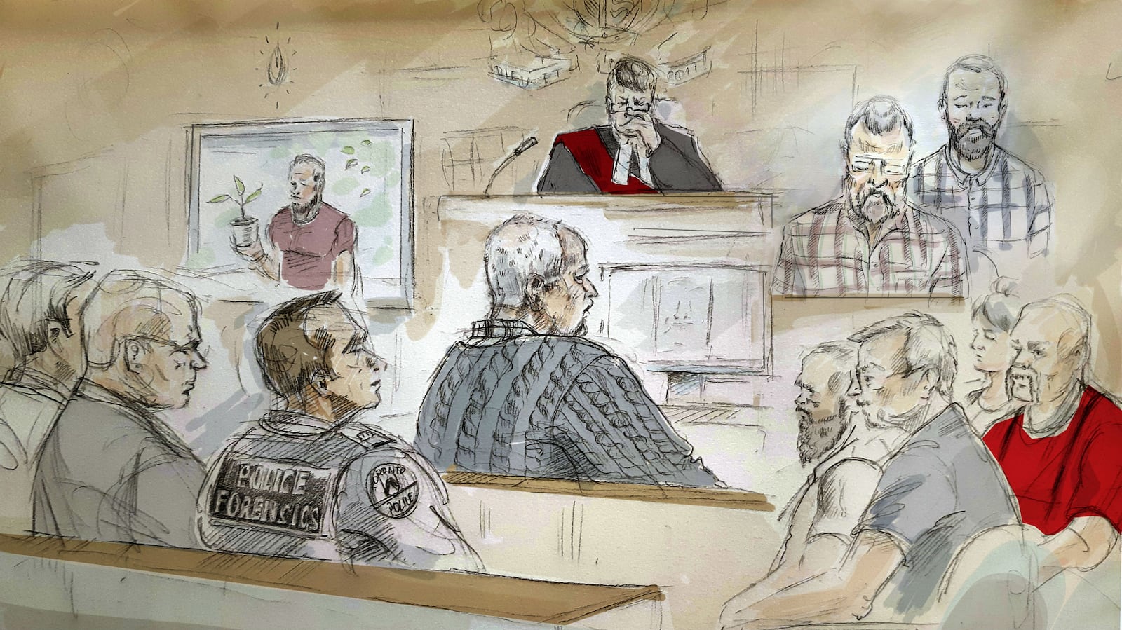 In this artist's sketch, admitted serial killer Bruce McArthur, center, attends the first day of his sentencing hearing in Toronto on Monday, Feb. 4, 2019. McArthur, a 67-year-old landscaper, has pleaded guilty to eight counts of first-degree murder in the deaths of men he picked up in and around Toronto's Gay Village neighborhood.