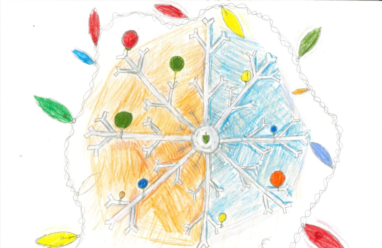 Thirteen-year-old Josh Gill of Dayton deliberately picked clashing colors for his mask -- orange and blue -- in order to symbolize the unusual holiday season we’re facing this year--a “clashing time” filled with both joyous holidays and Covid.
“I focused on the Snowflake design to prove that there is beauty even in the harshest conditions,” explains the Dayton eighth grader who is homeschooled and attends artist-in-training after-school classes at K12 Gallery. “This is reinforced by complimentary colors around the ornaments and Christmas lights.”