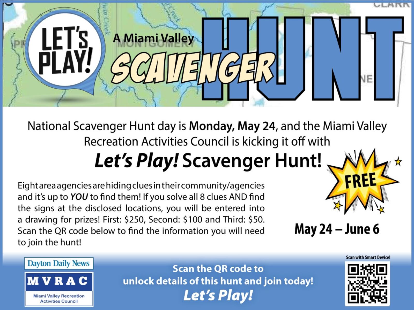 MVRAC will be hosting their "Let's Play" Scavenger Hunt between Monday, May 24 and Sunday, June 6 at eight locations across the Miami Valley.