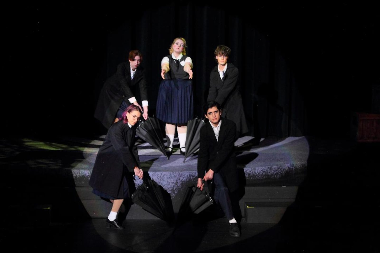 Left to right (top row): Courtney Collinsworth (Ocean), Athena Shurtleff (Jane Doe), Henry Ballard (Mischa); (bottom row): Faeryn Bass (Constance) and Valentine Rangel (Noel) in Sinclair Community College's production of "Ride the Cyclone." PHOTO BY SCOTT KIMMINS