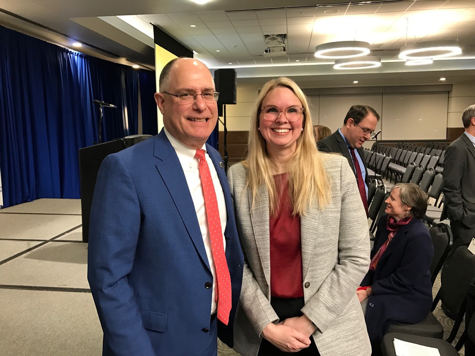 University of Dayton president Eric Spina and award-winning journalist Jessica Luther on Wednesday night at the University of Dayton. Luther, who has written extensively on the intersection of sports and violence off the field, spoke Wednesday night as part of her Roger Brown Residency in Social Justice, Writing and Sport at the University of Dayton. Tom Archdeacon/CONTRIBUTED