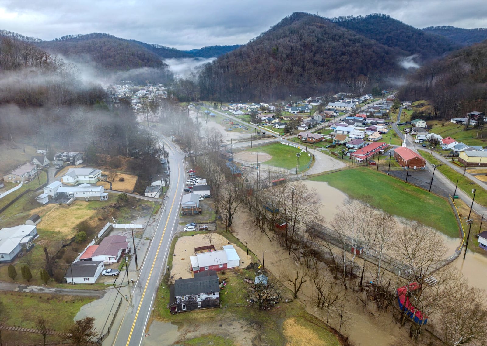 This is an aerial photo of Point Lick Park and the surrounding area of Campbells Creek, just outside of Charleston, W.Va., which flooded early Feb. 6, 2025. (Sean McCallister/Charleston Gazette-Mail via AP)