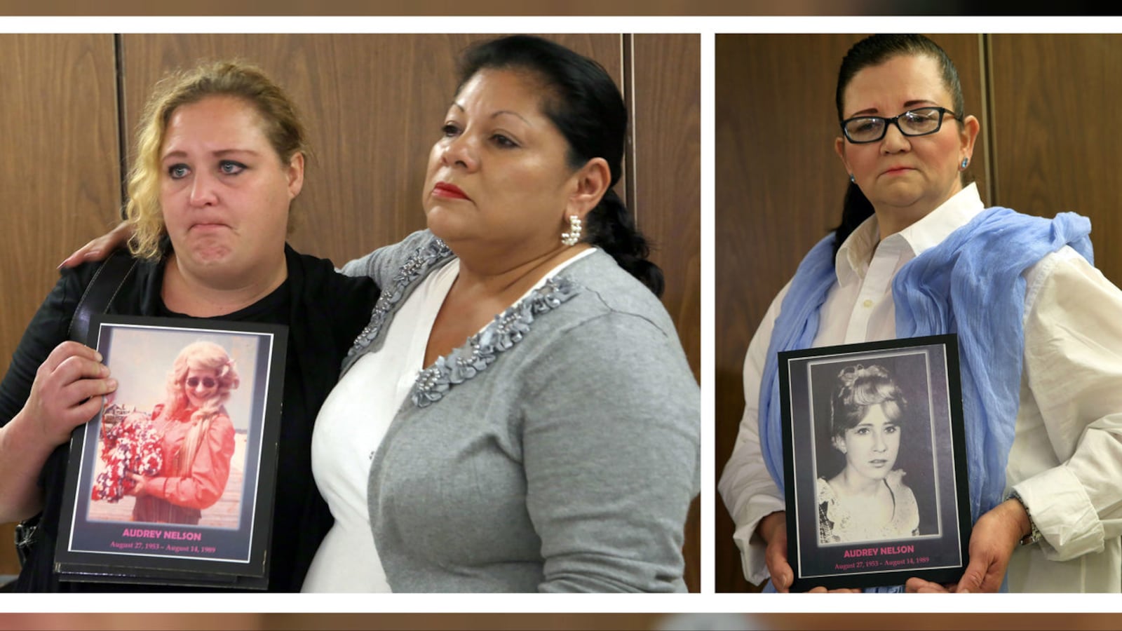 Family members of murder victims Audrey Nelson, pictured in the framed photos, and Guadalupe Apodaca attend a 2014 news conference in Los Angeles. Nelson and Apodaca were victims of serial killer Samuel Little, the most prolific in U.S. history.