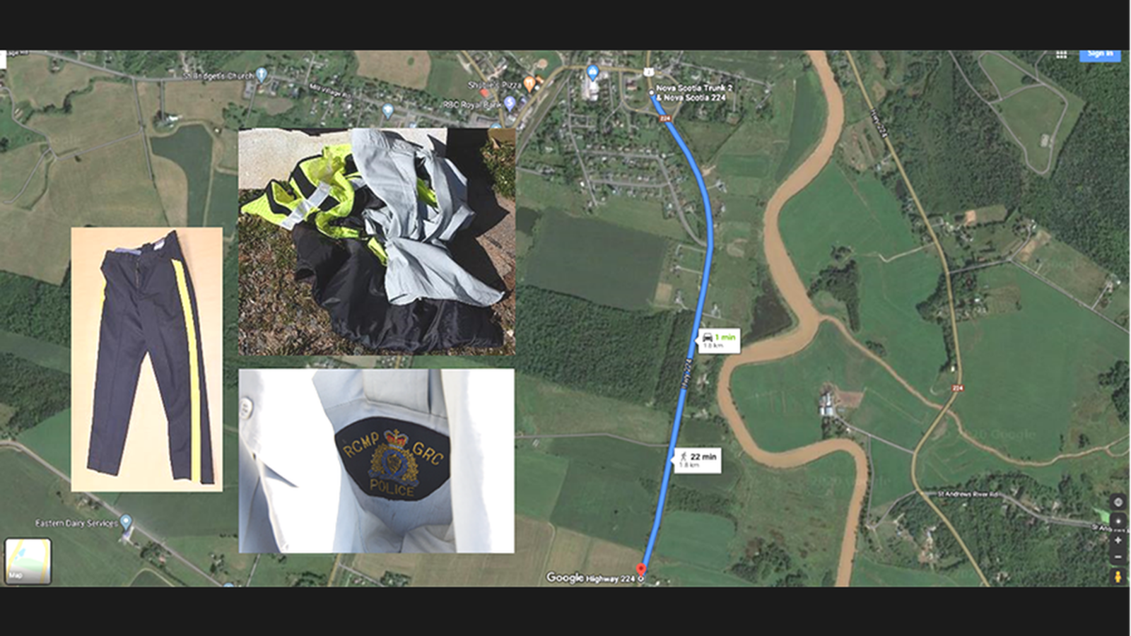 A map shows a portion of the route taken April 19, 2020, by a gunman who killed 22 people in Nova Scotia in the deadliest mass shooting in Canadian history. The inset photos show Royal Canadian Mounted Police uniform shirt and pants and, at top, the discarded clothing worn by accused gunman Gabriel Wortman. Wortman, who used a RMCP uniform and replica cruiser in the shooting, was killed in a shootout with police. (Royal Canadian Mounted Police)