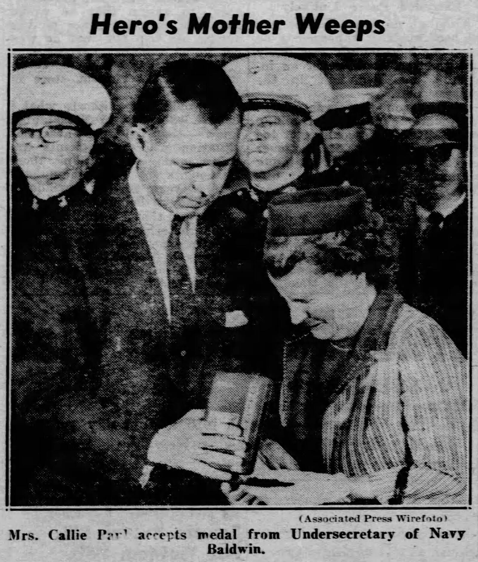 For his "fortitude and gallant spirt" in battle, Joe C. Paul received the Congressional Medal of Honor, the nation's highest award for heroism. The honor was presented to the family by Navy Undersecretary Robert B. Baldwin. (New York Daily News, Feb. 8, 1967)