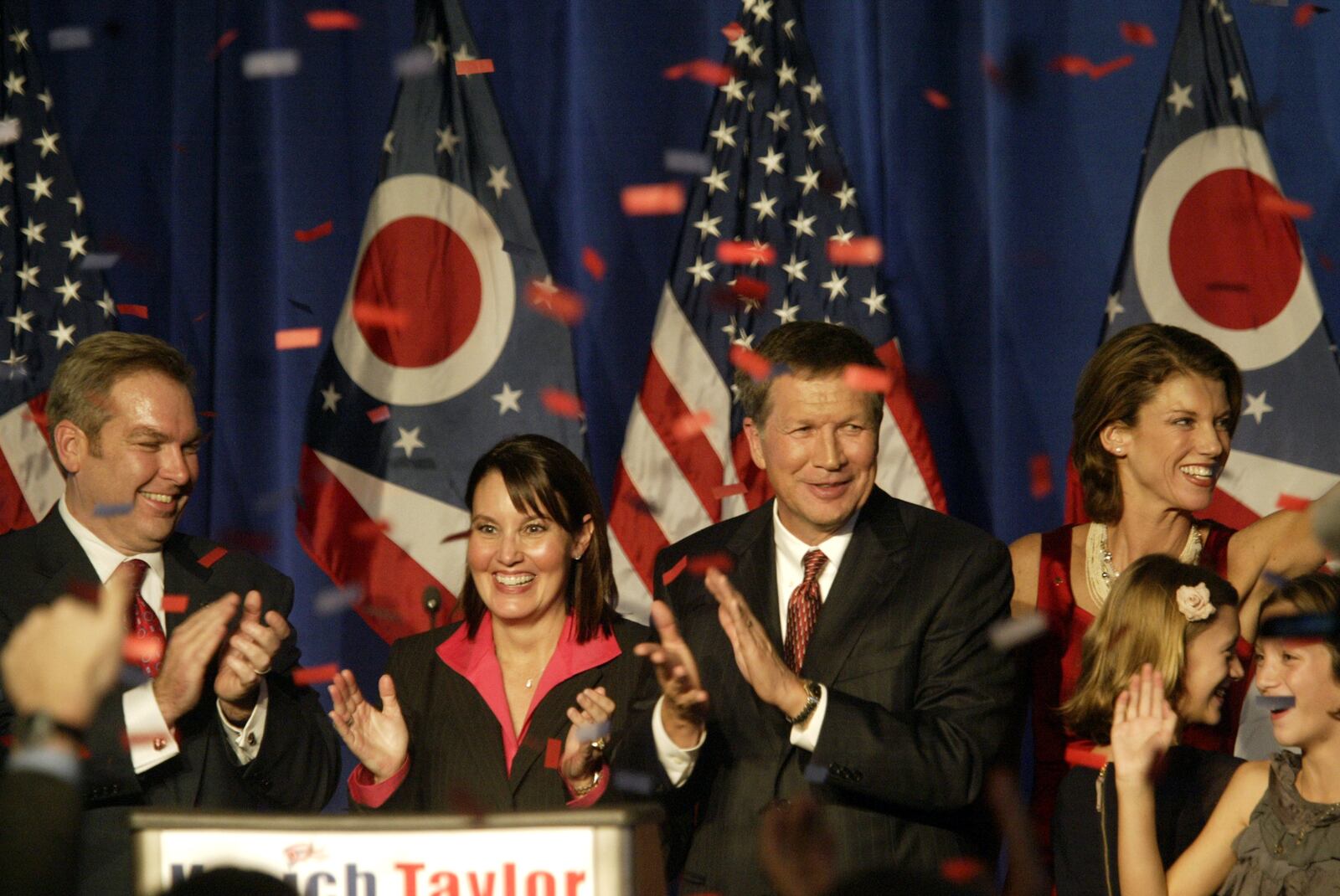 Republicans Mary Taylor (second from left) and John Kasich and their families greet supporters at a victory rally Wednesday, Nov. 3, 2010 at the Renaissance Columbus Downtown Hotel. Taylor, from the Akron area, was serving as the Ohio auditor when Kasich picked her to be his running mate.