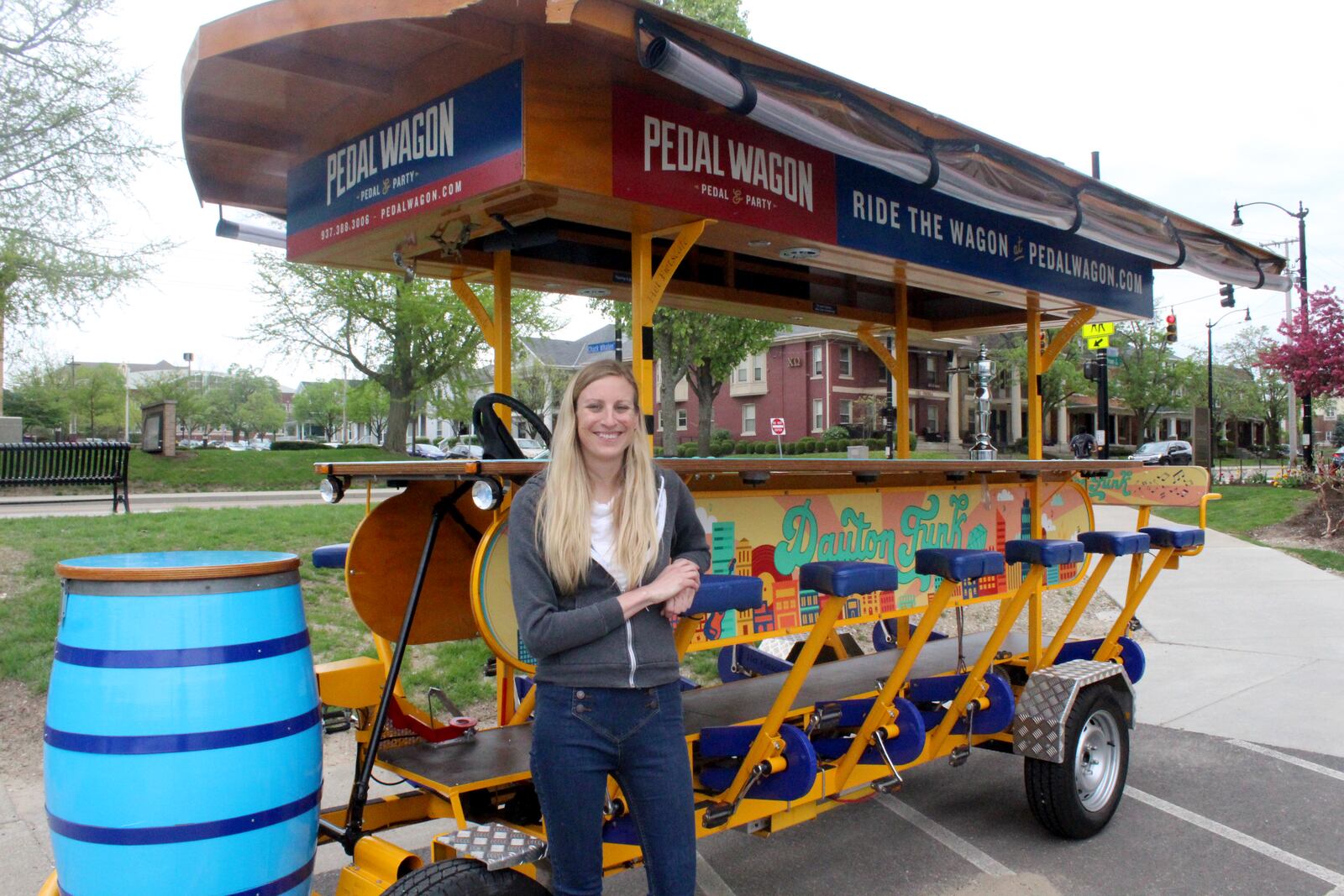 Dayton Pedal Wagon has unveiled its newly wrapped Dayton Funk bike. The wrap was designed as part of University of Dayton graphic design class. The winning design was created by UD students Jess Burnham, Meg Gramza and Nan Xiang. Pedal Wagon Jen Bergman is pictured.