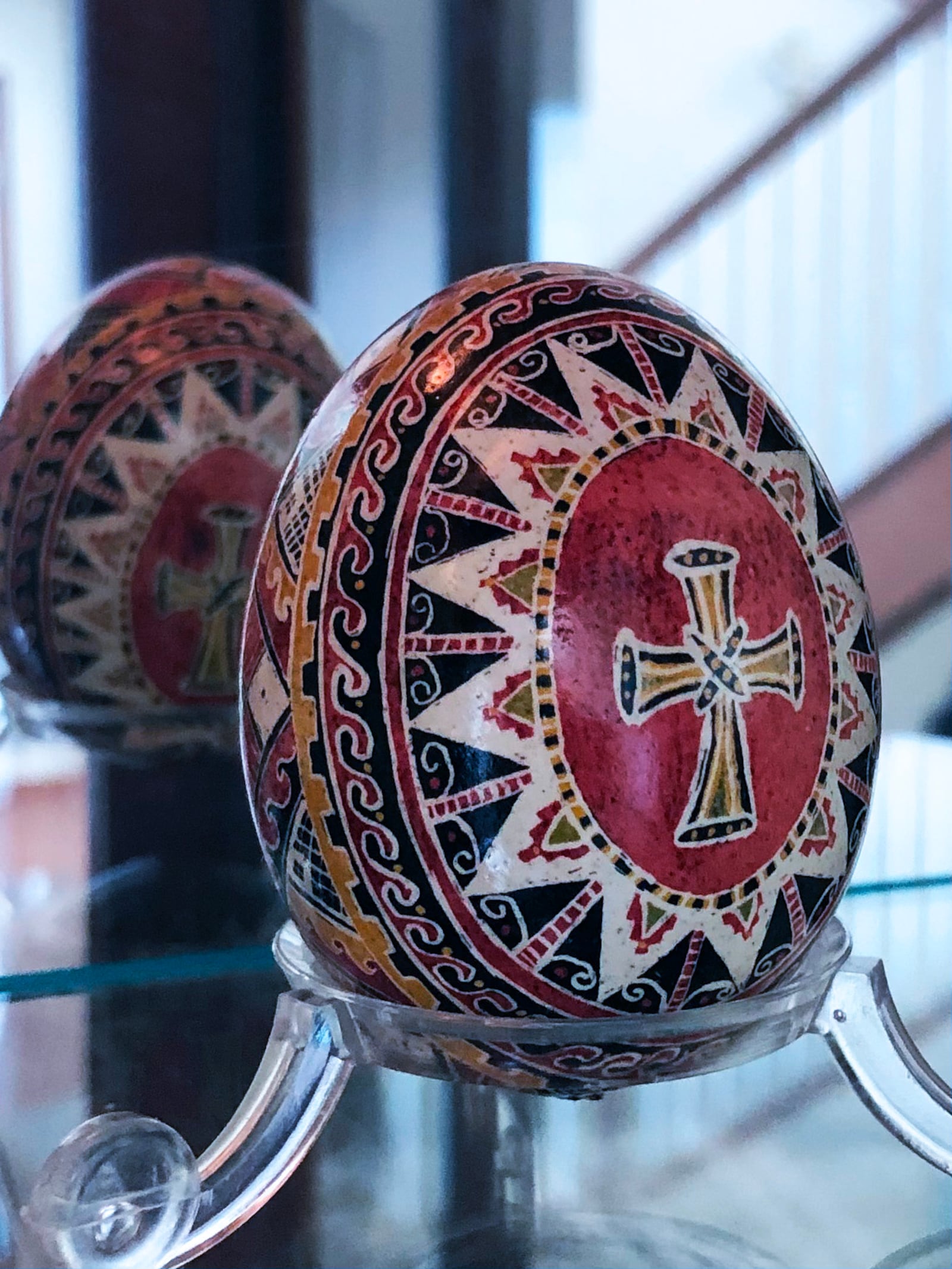 Ukrainian Easter eggs, known as pysanky, are on loan to the University of Dayton from the collection of alumna Tina Waypa Schlegel. The 22 handmade eggs will be displayed in the Roesch Library main floor lobby through April 25. Photo credit: University of Dayton