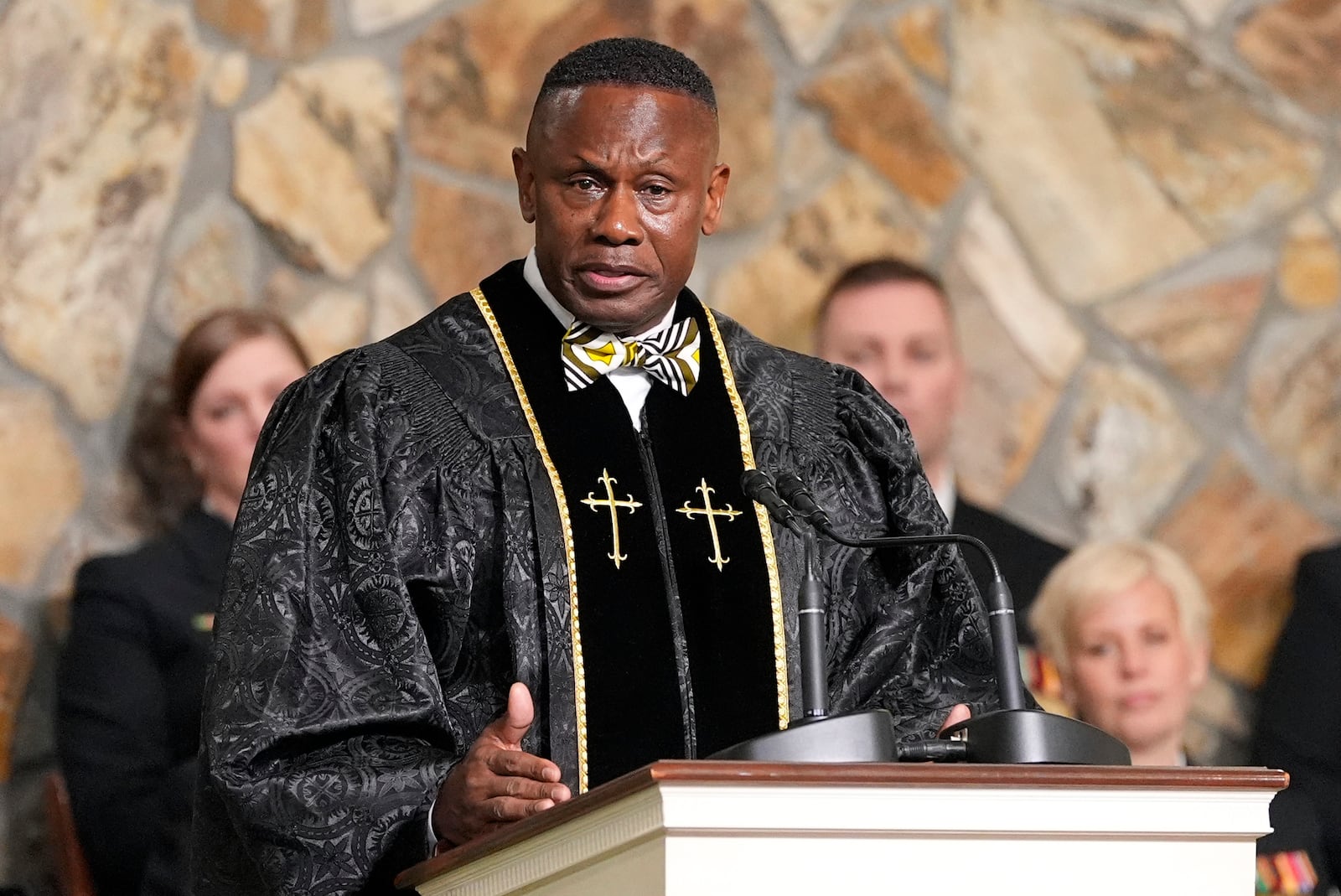 Pastor Tony Lowden speaks during the funeral service for former President Jimmy Carter at Maranatha Baptist Church in Plains, Ga., Thursday, Jan. 9, 2025. Carter died Dec. 29 at the age of 100. (AP Photo/Alex Brandon, Pool)