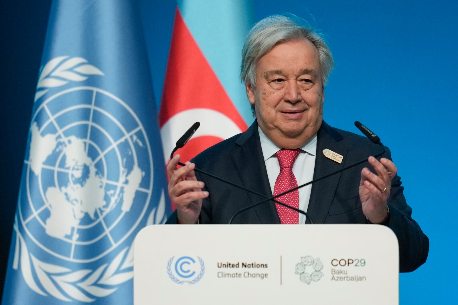 Antonio Guterres, United Nations secretary-general, speaks during a plenary session at the COP29 U.N. Climate Summit, Tuesday, Nov. 12, 2024, in Baku, Azerbaijan. (AP Photo/Rafiq Maqbool)