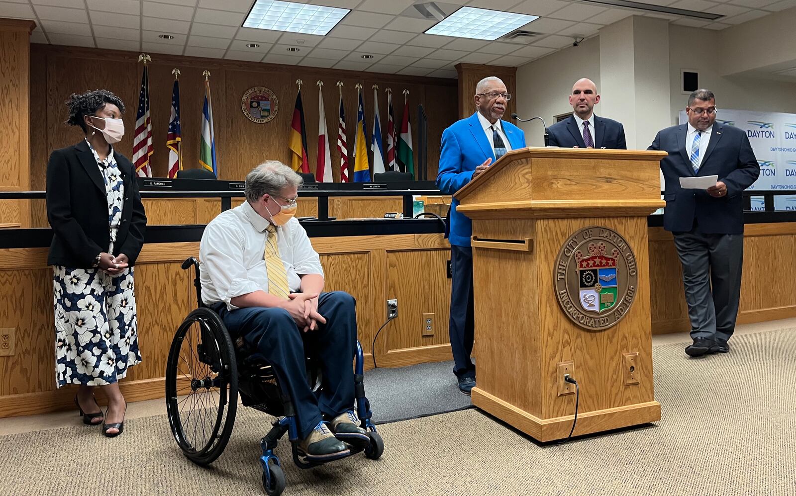 Dayton Mayor Jeff Mims speaks at a June 1, 2022 press conference calling for changes in gun laws. From left are city commissioners Shenise Turner-Sloss, Darryl Fairchild, Matt Joseph and Chris Shaw. CORNELIUS FROLIK / STAFF