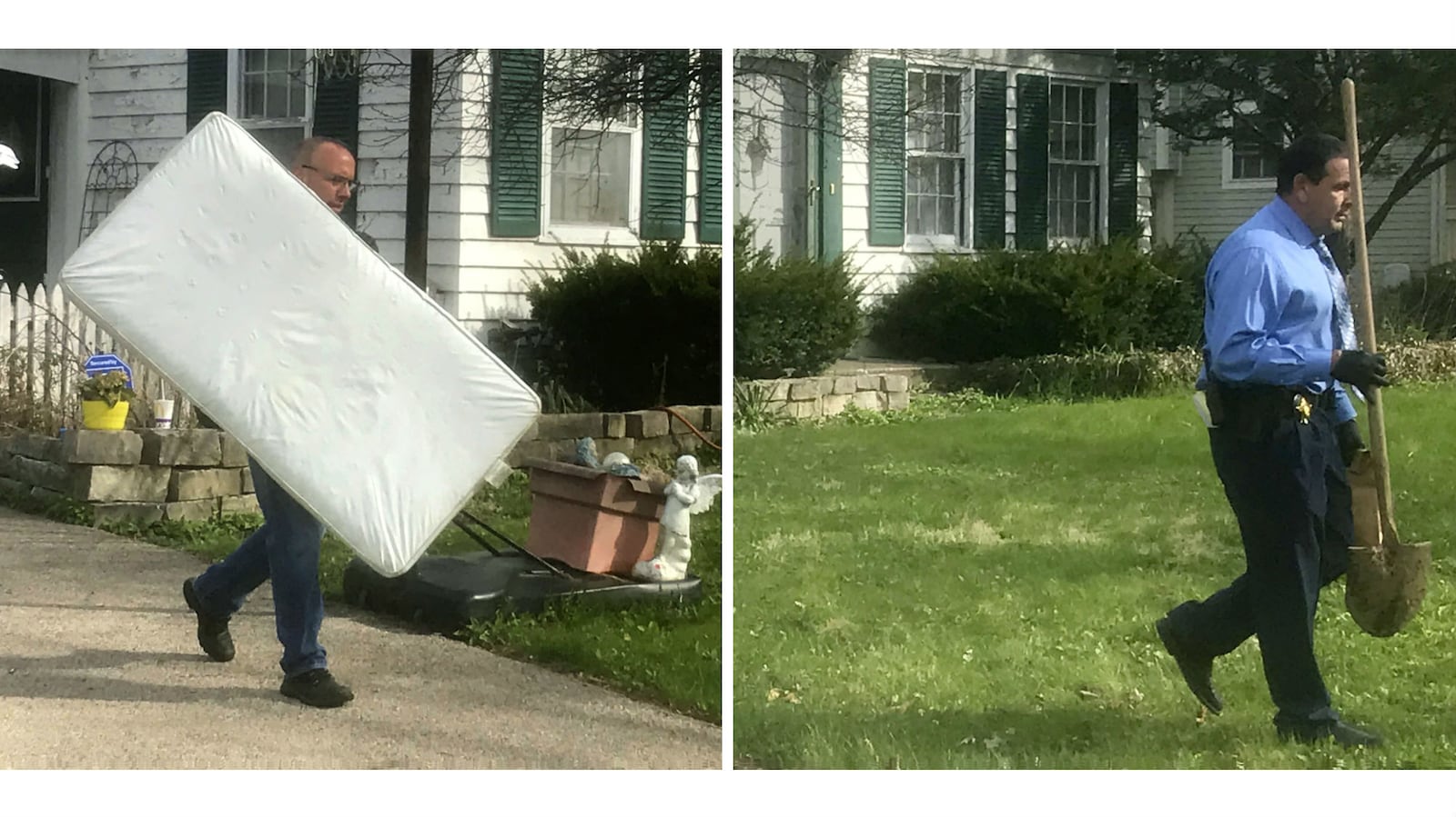 Police officers remove a child-sized mattress and a shovel Wednesday, April 24, 2019, from the Crystal Lake, Ill., home of JoAnn Cunningham, 36, and Andrew Freund Sr., 60, who face multiple charges, including five counts of first-degree murder, in the death of their 5-year-old son, Andrew "AJ" Freund Jr. The boy was reported missing from the family's home Thursday, April 18, 2019. His body was found wrapped in plastic and buried in a shallow grave six days later near Woodstock.