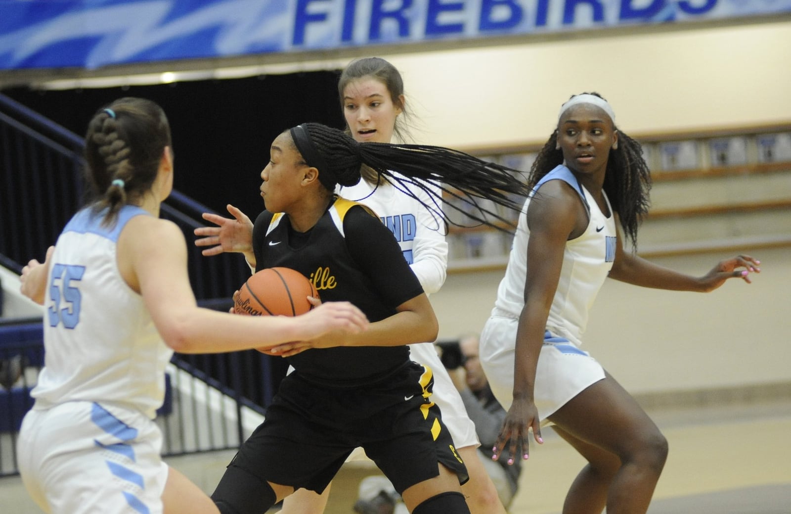 Centerville freshman Cotie McMahon (wiht ball) drew MND’s defensive attention and still led the Elks wiht 20 points. Cin. Mount Notre Dame defeated Centerville 70-63 in a girls high school basketball D-I regional final at Fairmont’s Trent Arena on Saturday, March 9, 2019. MARC PENDLETON / STAFF