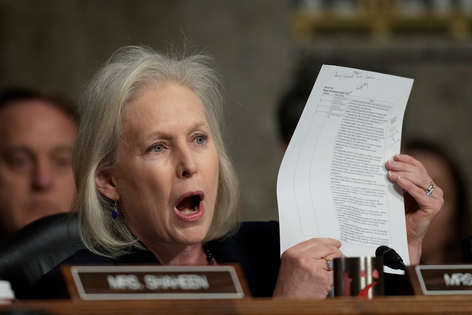 Sen. Kirsten Gillibrand, D-N.Y.,speaks during the Senate Armed Services Committee confirmation hearing for Pete Hegseth, President-elect Donald Trump's choice to be Defense secretary, at the Capitol in Washington, Tuesday, Jan. 14, 2025. (AP Photo/Ben Curtis)