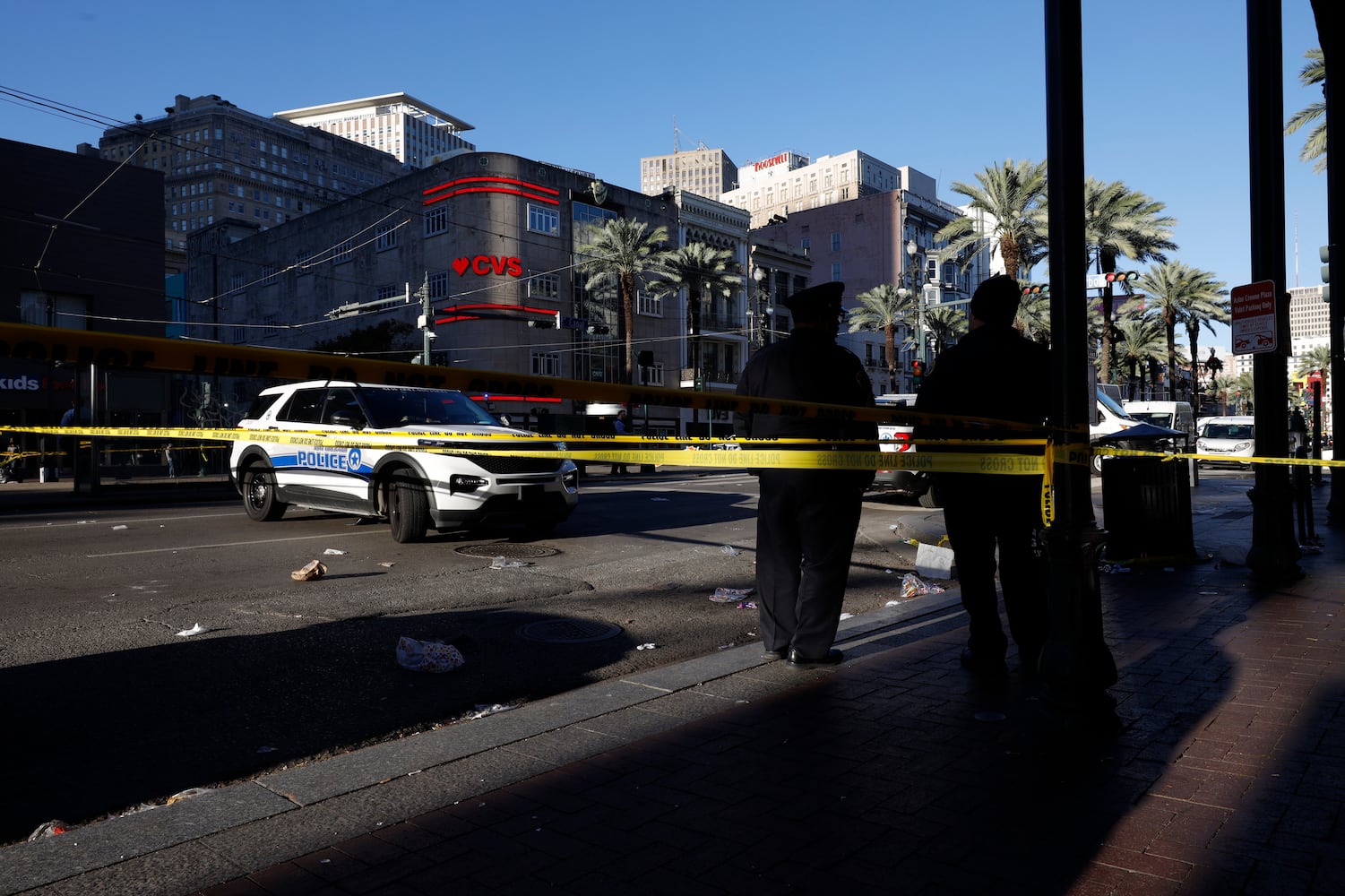 Emergency personnel at the scene, hours after a man drove a pickup truck into people in the French Quarter of New Orleans, on Wednesday, Jan. 1, 2025. (Edmund D. Fountain/The New York Times)