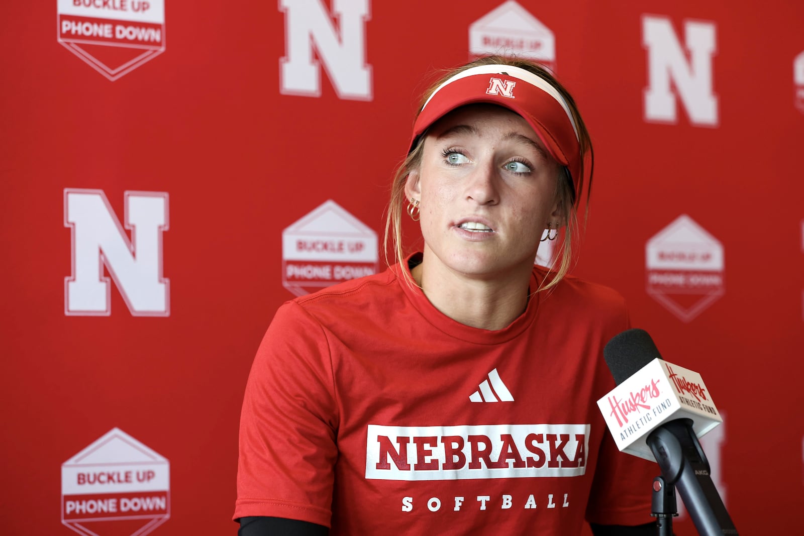 FILE - Nebraska softball player Jordy Bahl speaks during a news conference Wednesday, Sept. 13, 2023, at Bowlin Stadium in Lincoln, Neb. (Nikos Frazier/Omaha World-Herald via AP, File)