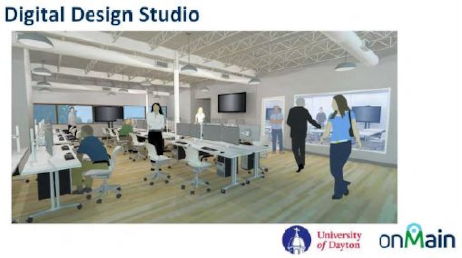 A rendering of a proposed digital design studio in a Digital Transformation Center "seedling space" in Dayton. This rendering was shared during a recent Digital Transformation Summit in Dayton. CONTRIBUTED