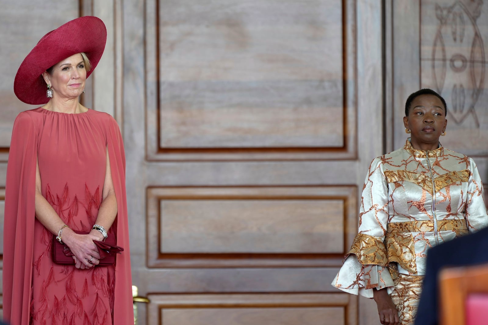 Queen Maxima of The Netherlands, left, and Kenya's first lady Rachel Ruto, right, during the state visit of the Dutch Royals at State House in Nairobi, Kenya Tuesday, March. 18, 2025. (AP Photo/Brian Inganga)