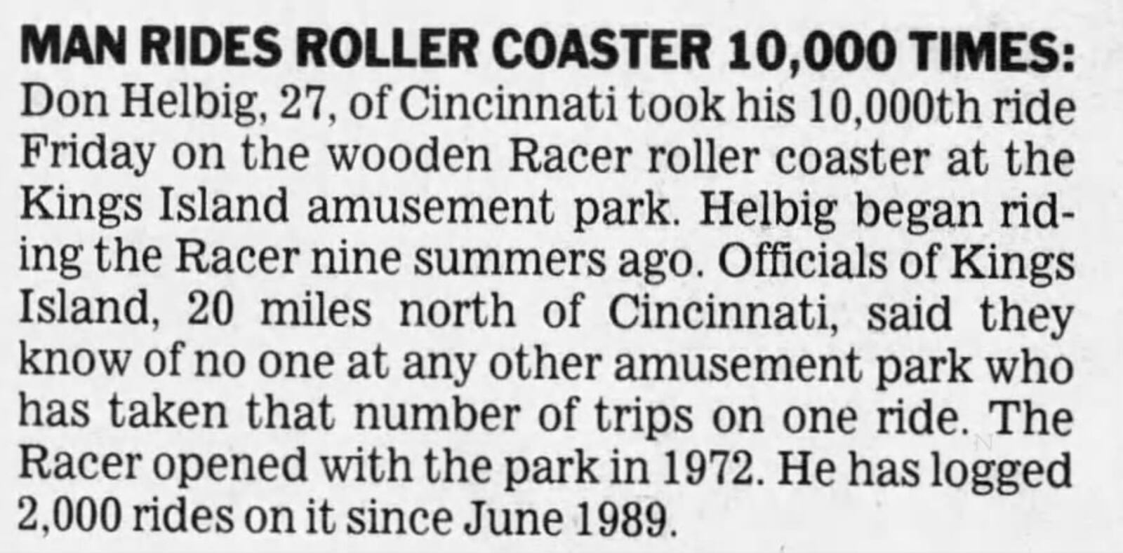 Dayton Daily News article from 1990 chronicling Don Helbig's 10,000 ride on Kings Island's Racer roller coaster